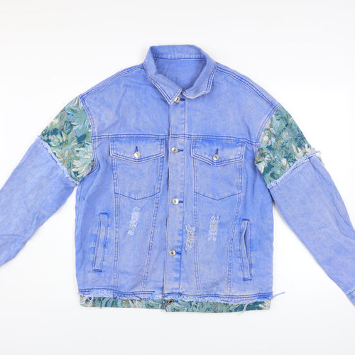 SHEIN Women's Blue Floral Patch Denim Jacket L Casual Distressed