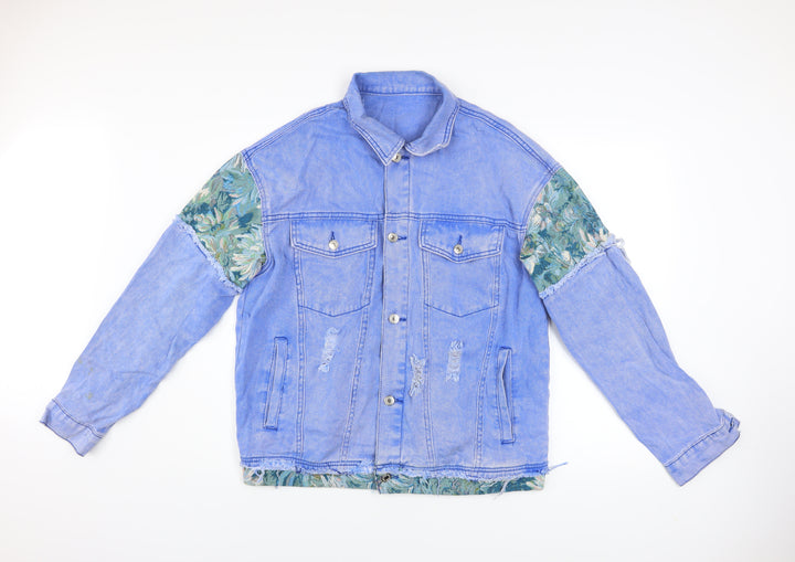 SHEIN Women's Blue Floral Patch Denim Jacket L Casual Distressed