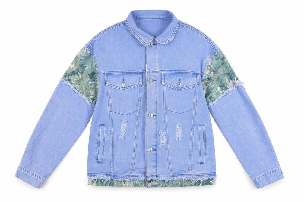 Front view of SHEIN Women's Blue Floral Patch Denim Jacket L Casual Distressed