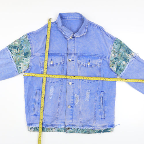 SHEIN Women's Blue Floral Patch Denim Jacket L Casual Distressed