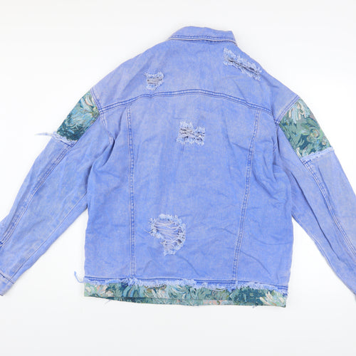 SHEIN Women's Blue Floral Patch Denim Jacket L Casual Distressed