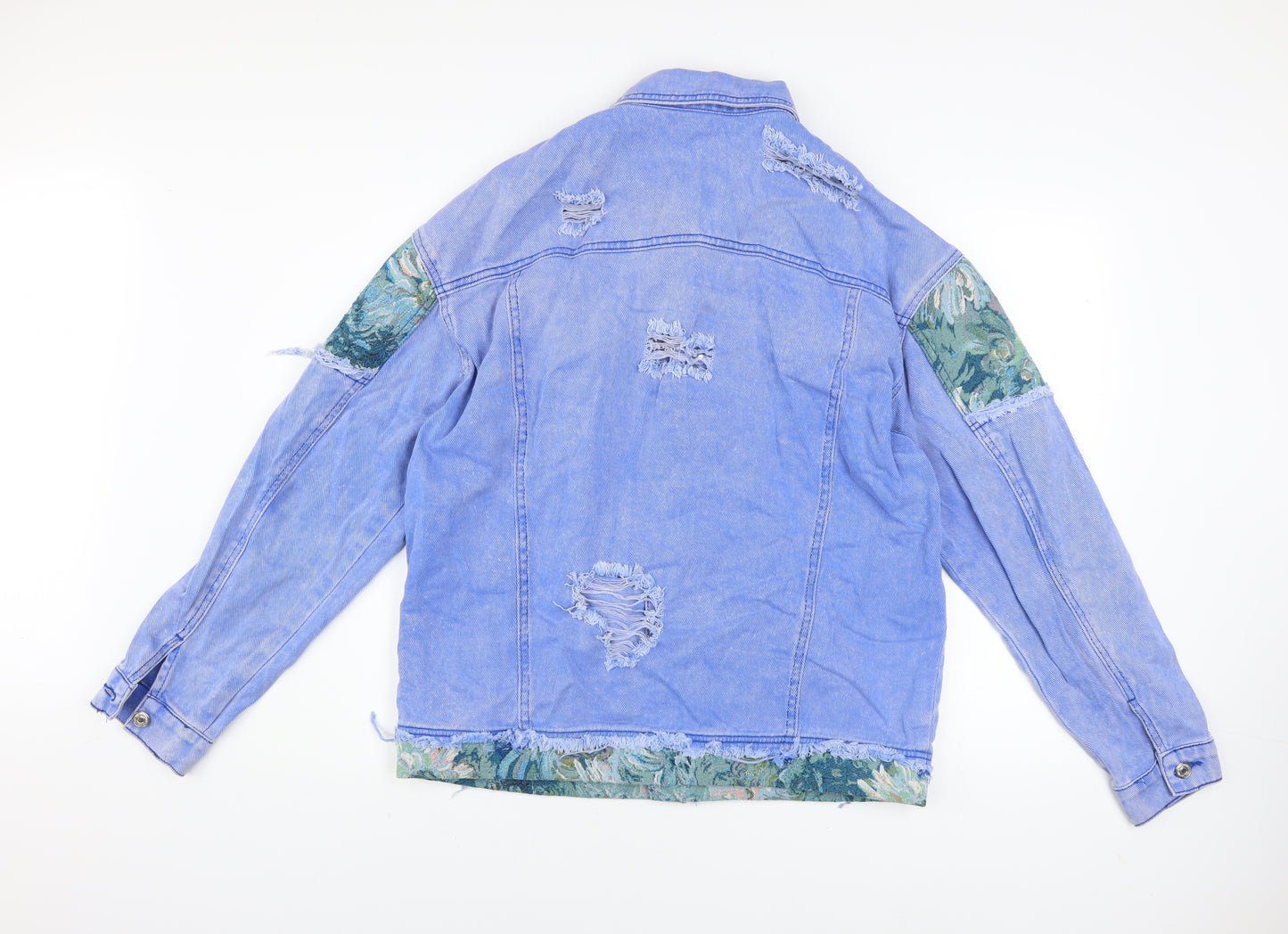 SHEIN Women's Blue Floral Patch Denim Jacket L Casual Distressed
