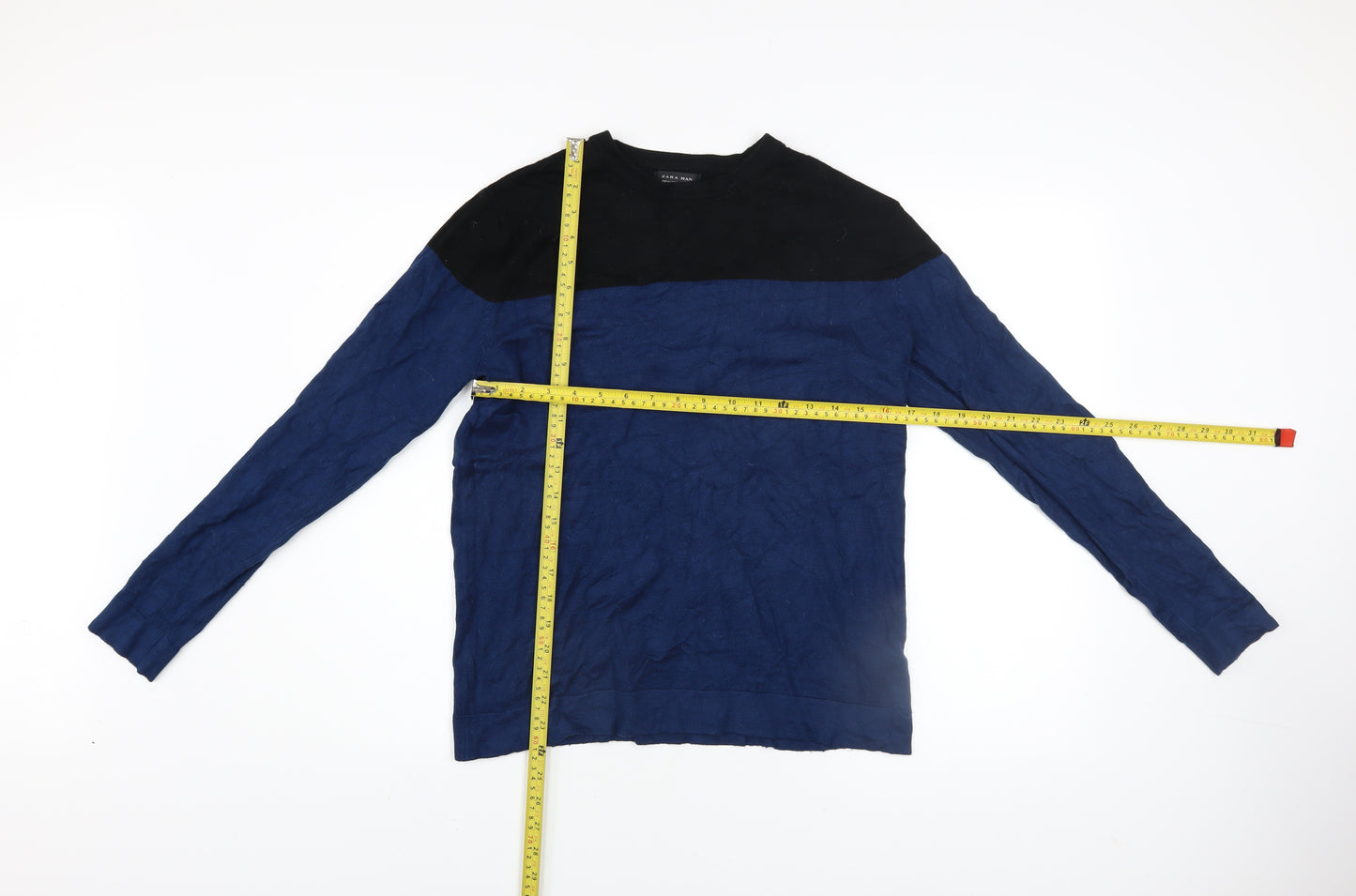 Zara Man Men's Blue Black Colour Block Crew Neck Pullover Jumper Size M