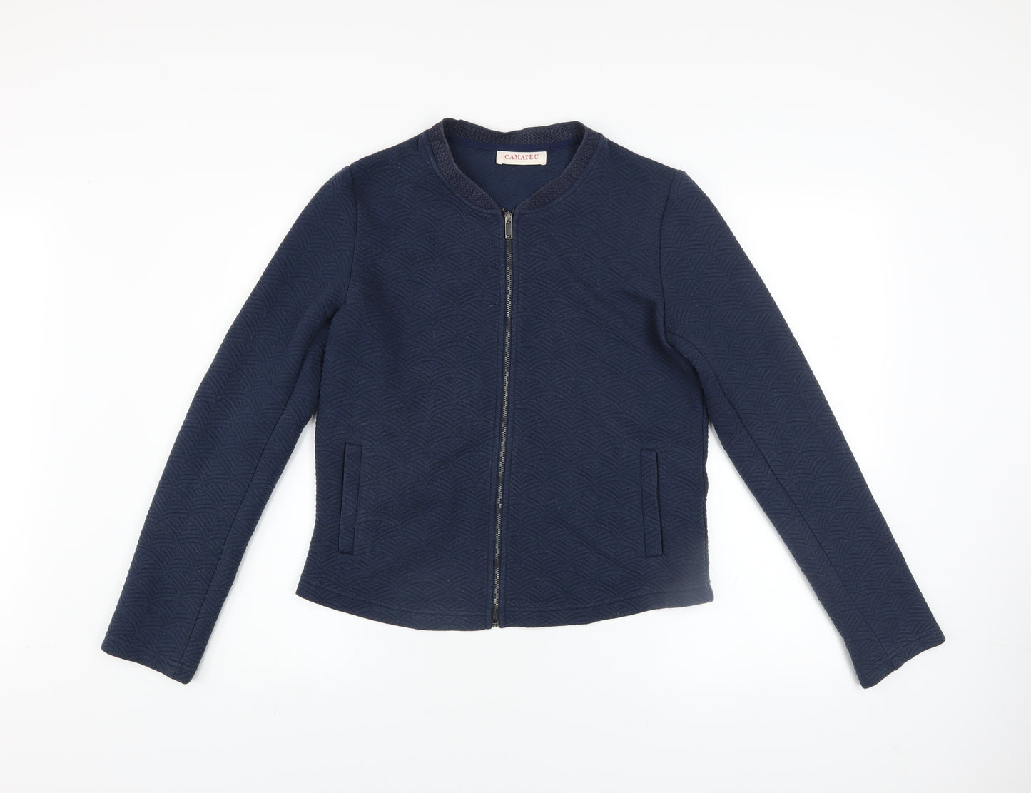 Camaieu Women Blue Textured Bomber Jacket Size 12 Zip Casual