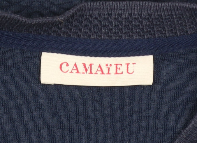 Camaieu Women Blue Textured Bomber Jacket Size 12 Zip Casual