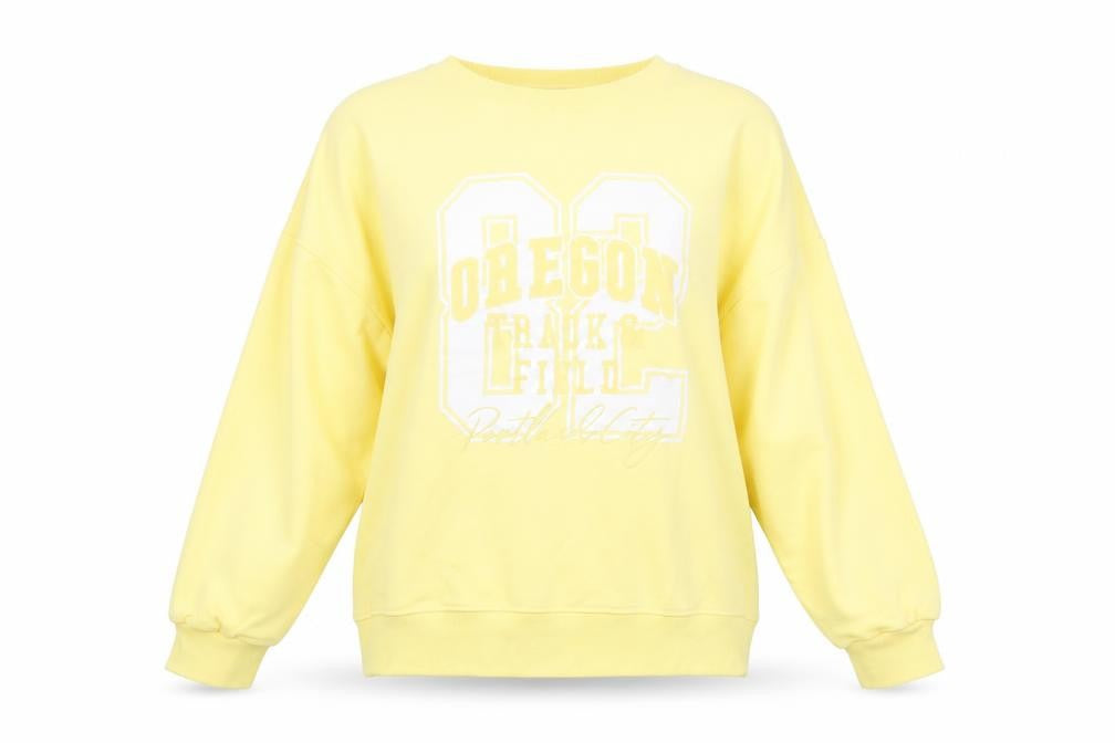 Front view of Marks & Spencer F&F Women's Yellow Pullover Sweatshirt, size M, Oregon Print