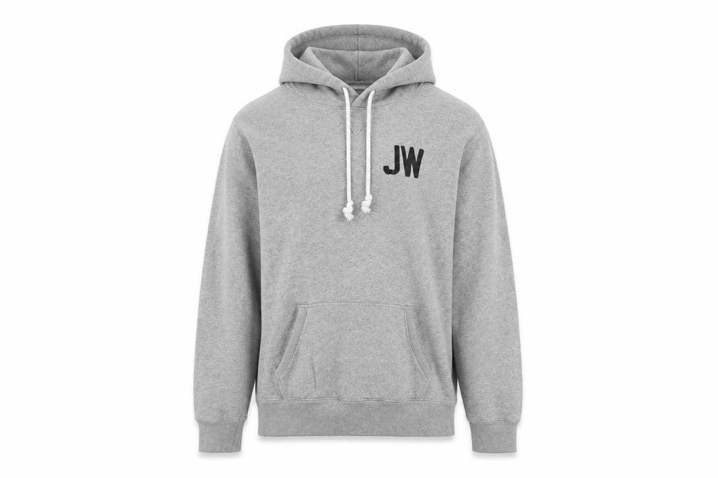 Front view of Jack Wills men’s grey pullover hoodie s logo fleece lined sweatshirt