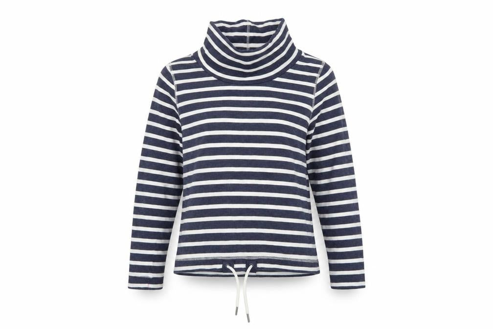 Front view of Mantaray Women Navy White Striped Roll Neck Pullover Hoodie, size 10