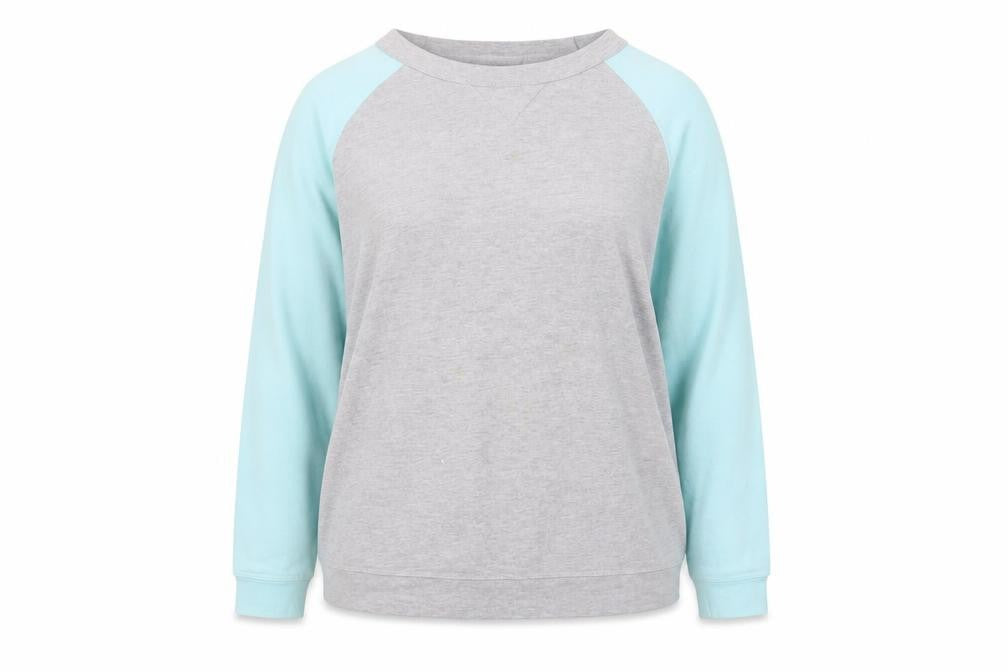 Front view of Ellos Women Grey & Light Blue Raglan Pullover Sweatshirt, size 18/19