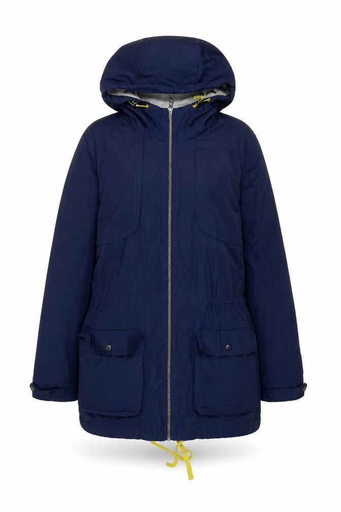 Front view of Next women’s blue hooded parka jacket, size UK 12, polyester