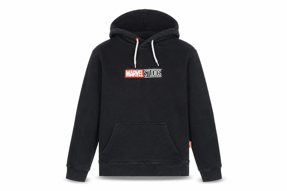 Front view of Marvel boys’ black xs pullover hoodie with logo print
