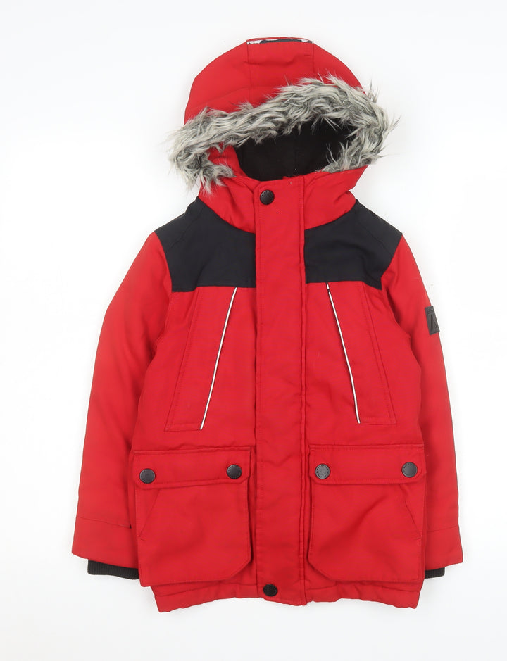 Next Boys Red Parka Coat 6 Years Hooded Fur Trim Waterproof Winter Jacket