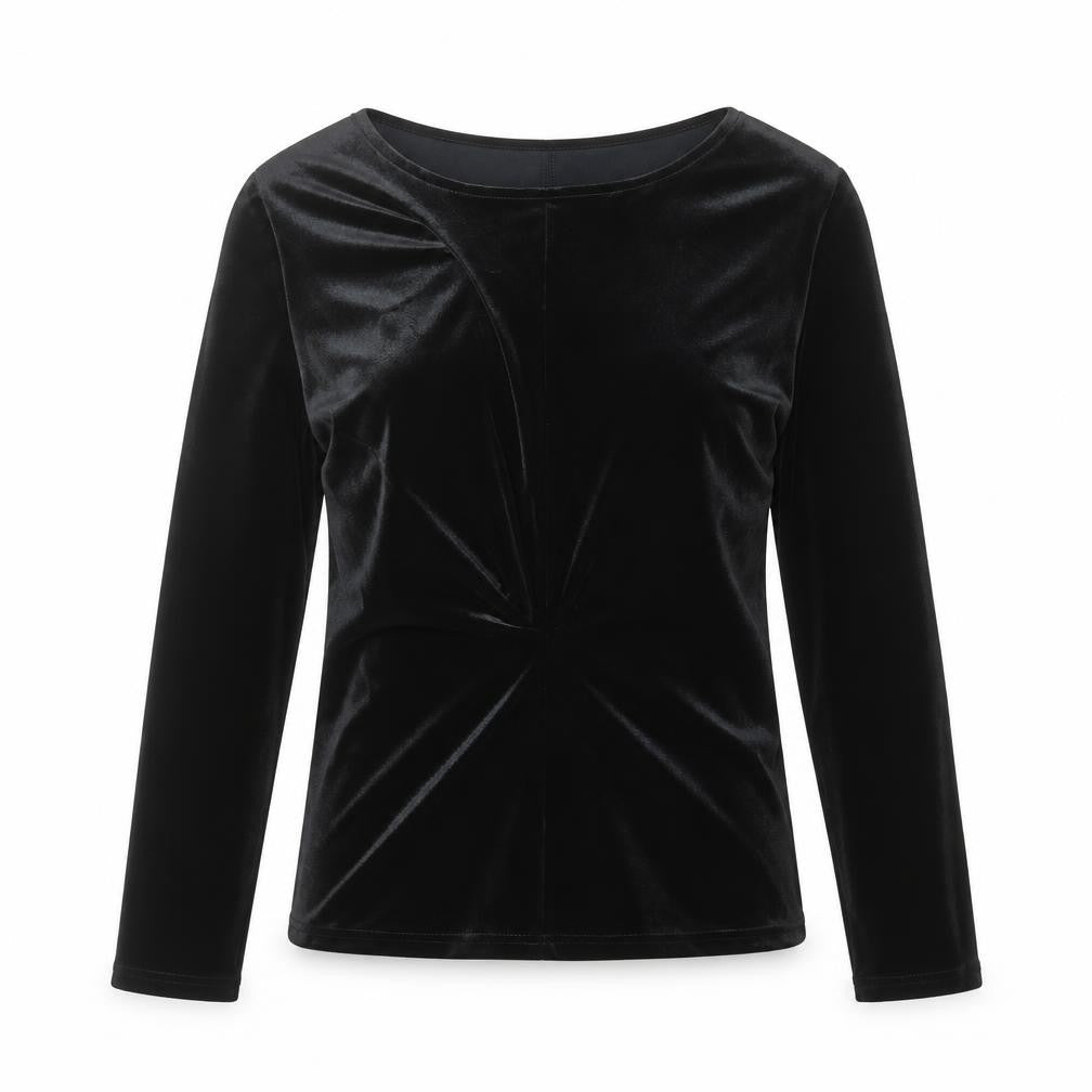 Front view of Marks & Spencer women’s black velvet long sleeve top, size UK 10, regular