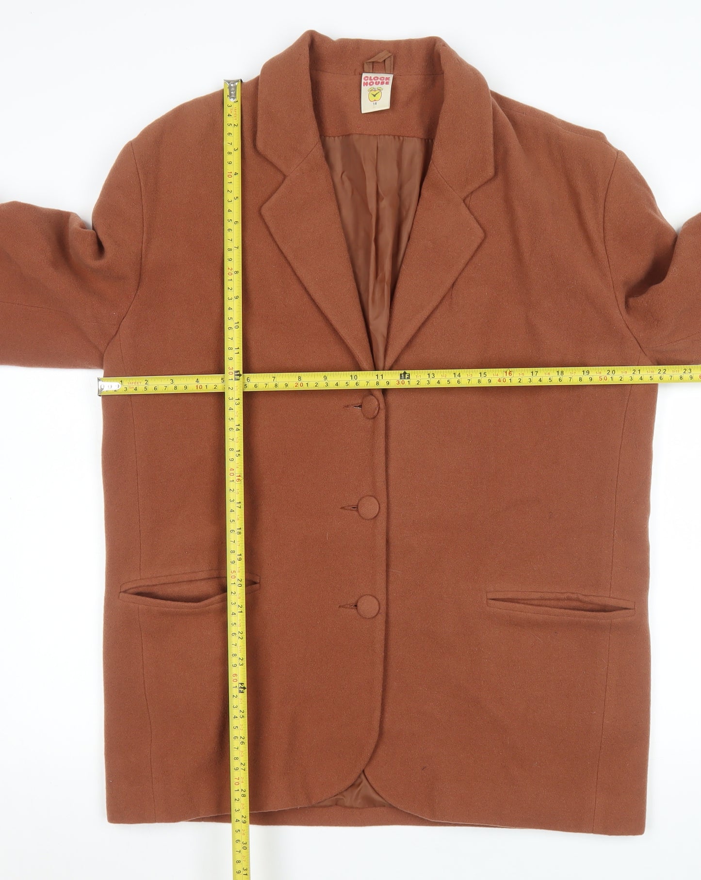 Clockhouse Women Brown Wool Blend Mid-Length Blazer Size 14