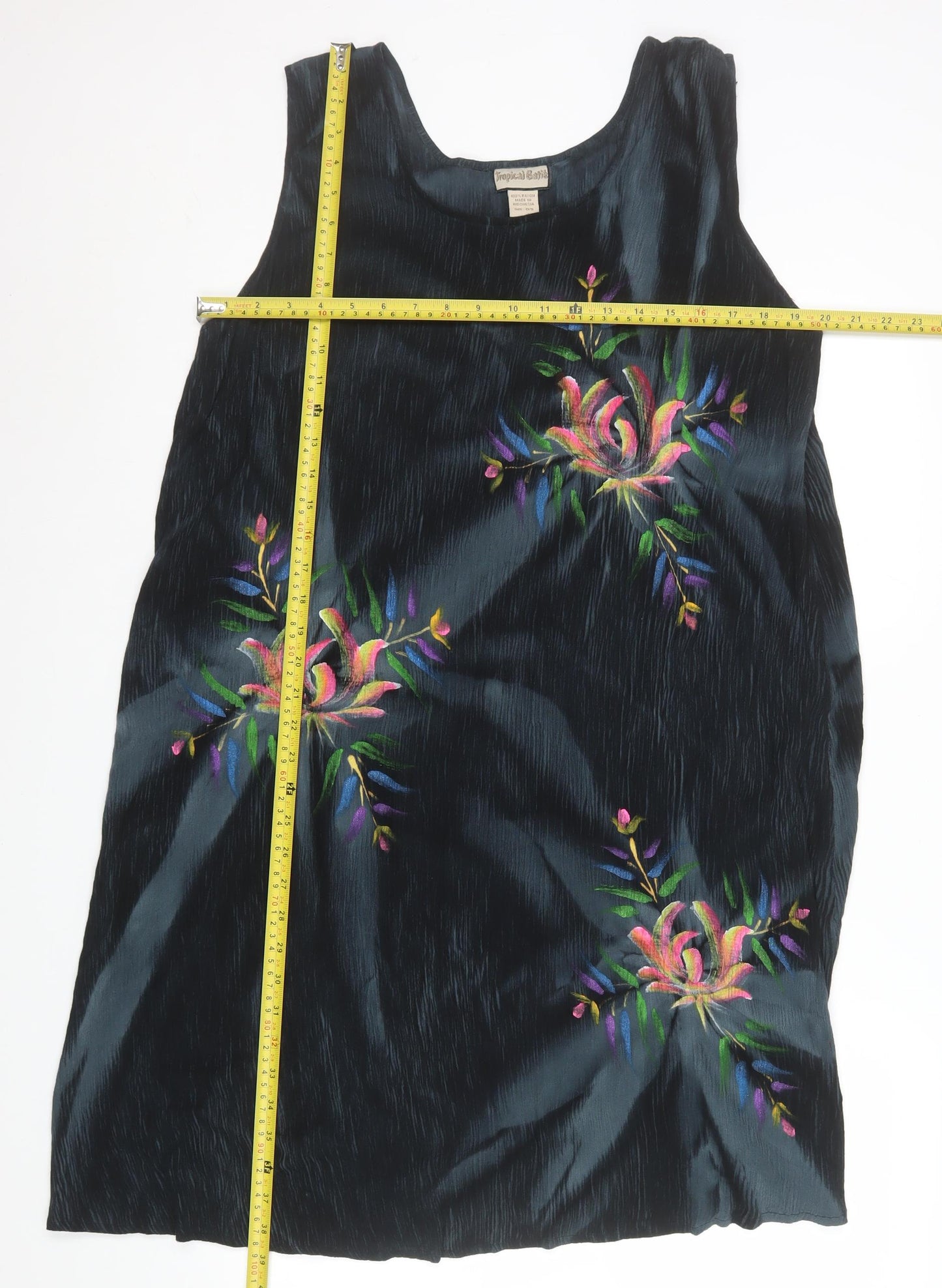 Tropical Batik Womens Black Floral Embroidered Rayon Tunic Tank Top One Size