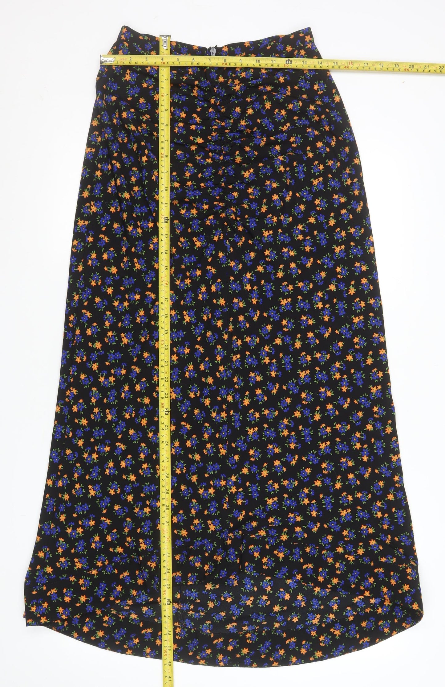 Topshop Women’s Black Floral Midi A-Line Skirt Size 8 Tall