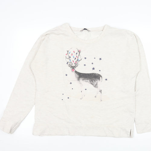 Marks and Spencer Womens Ivory Reindeer Christmas Long Sleeve T-Shirt UK 14