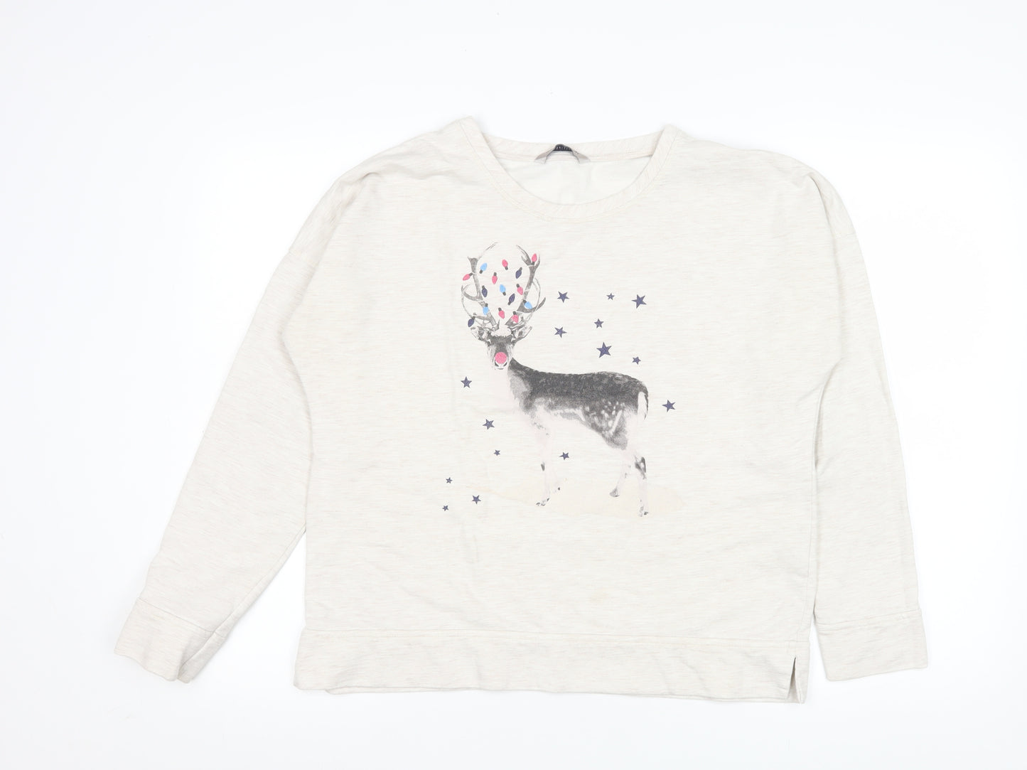 Marks and Spencer Womens Ivory Reindeer Christmas Long Sleeve T-Shirt UK 14