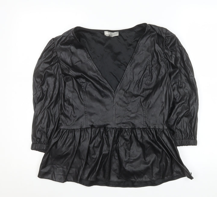 ASOS Women’s Black Faux Leather V-Neck Peplum Tunic Blouse Size 14
