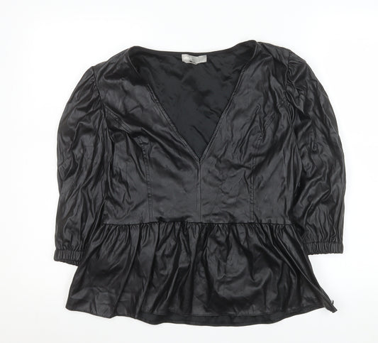 ASOS Women’s Black Faux Leather V-Neck Peplum Tunic Blouse Size 14