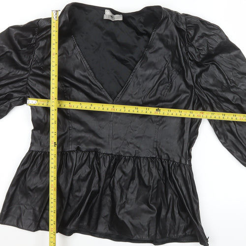 ASOS Women’s Black Faux Leather V-Neck Peplum Tunic Blouse Size 14