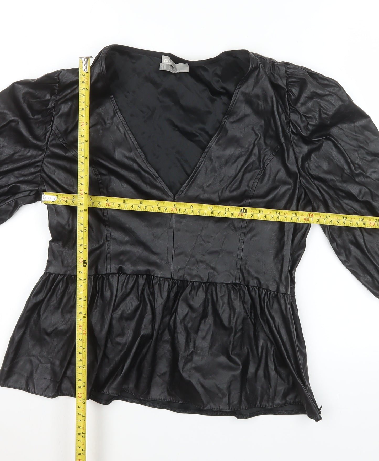 ASOS Women’s Black Faux Leather V-Neck Peplum Tunic Blouse Size 14