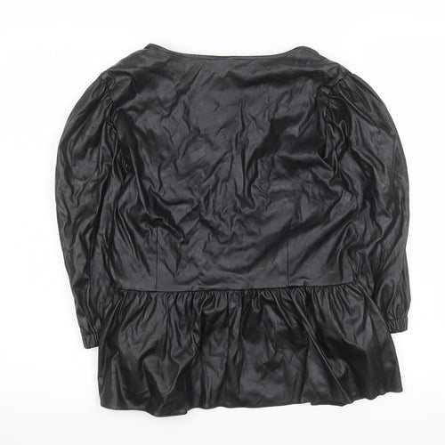 ASOS Women’s Black Faux Leather V-Neck Peplum Tunic Blouse Size 14