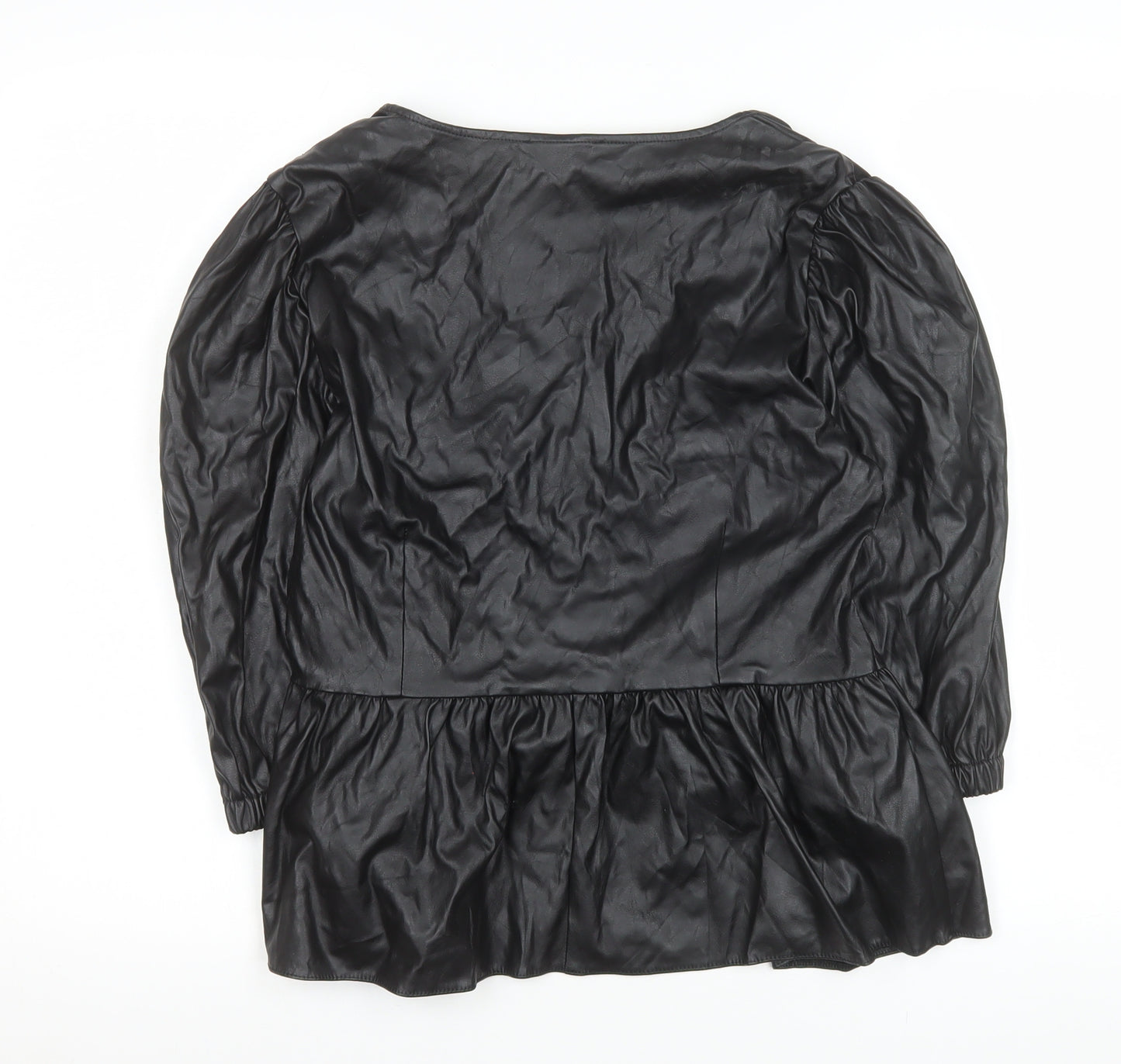 ASOS Women’s Black Faux Leather V-Neck Peplum Tunic Blouse Size 14