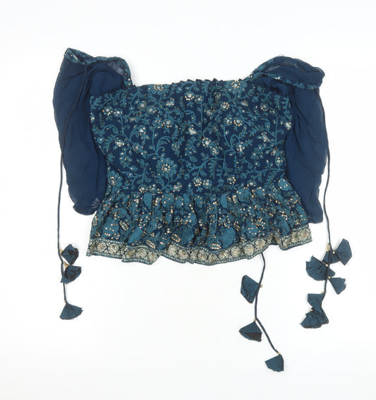 Jaipur Women’s Blue Embroidered Bohemian Off Shoulder Blouse XL