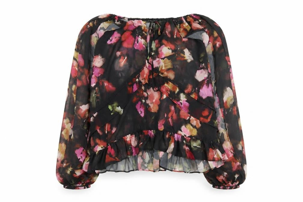 Front view of River Island women’s multicoloured floral chiffon ruffle wrap blouse, size UK 16