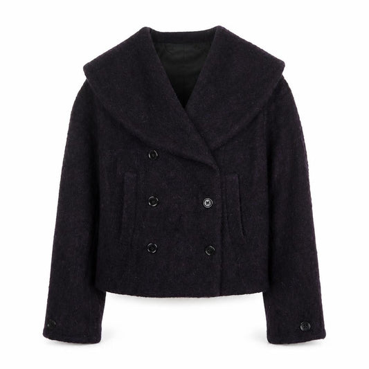 Front view of Ronit Zilkha Women’s Purple Wool Mohair Blend Short Pea Coat Jacket, size UK 10