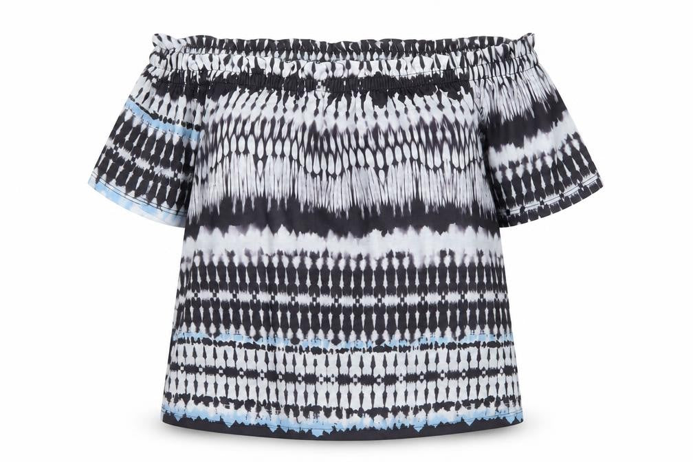 Front view of Peacocks women’s multicoloured off shoulder cotton blouse, size UK 8