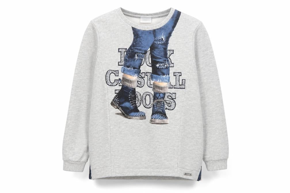 Front view of Mayoral girls’ grey long sleeve graphic pullover t-shirt 9 years