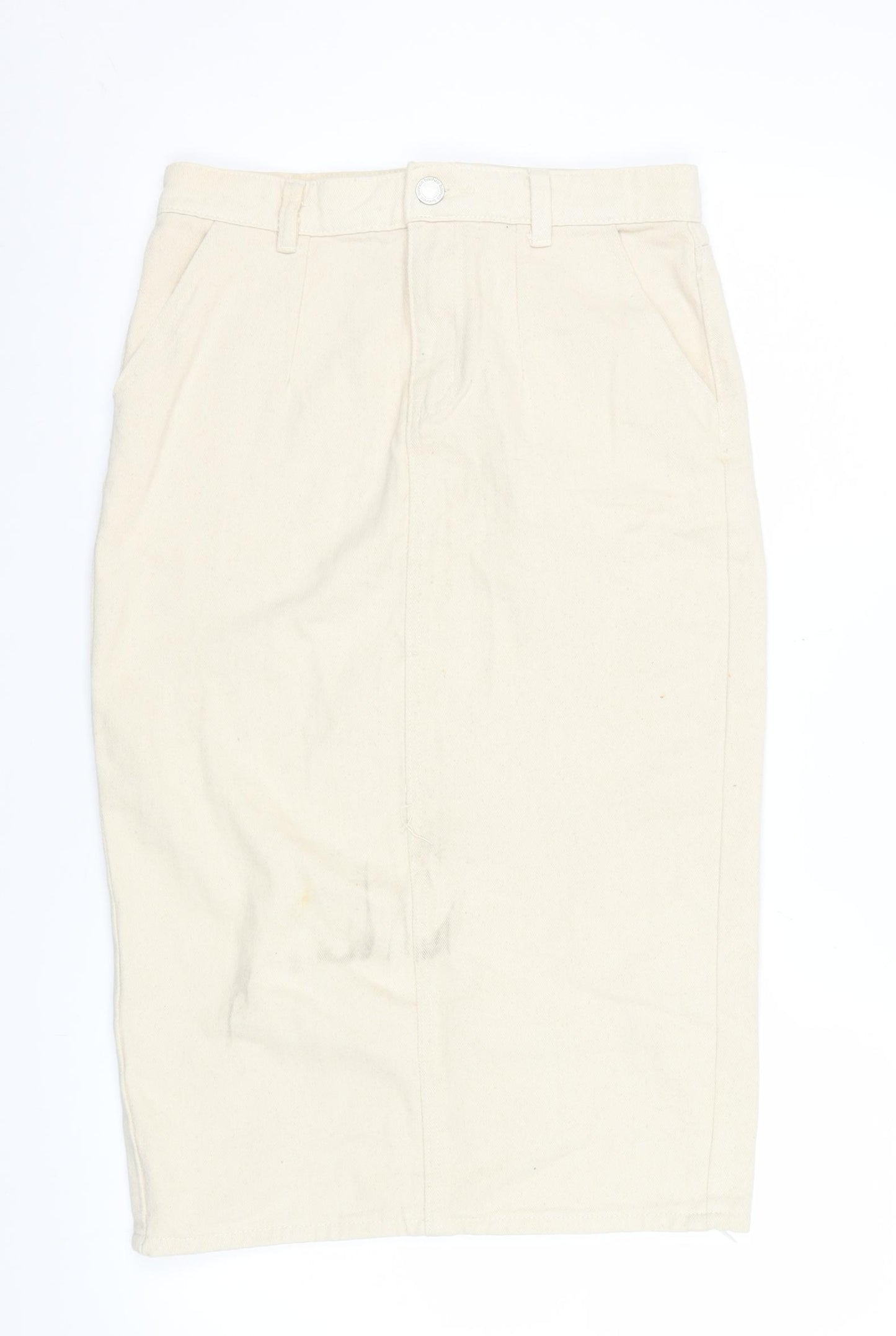 Boohoo Blue Women's Beige Cotton Pencil Skirt UK 10 Knee Length