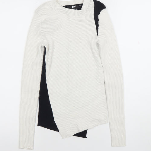 DKNY Womens Cream Black XS Ribbed Asymmetrical Knit Jumper