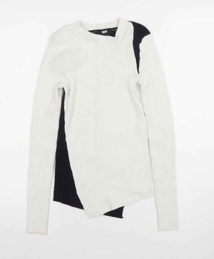 DKNY Womens Cream Black XS Ribbed Asymmetrical Knit Jumper