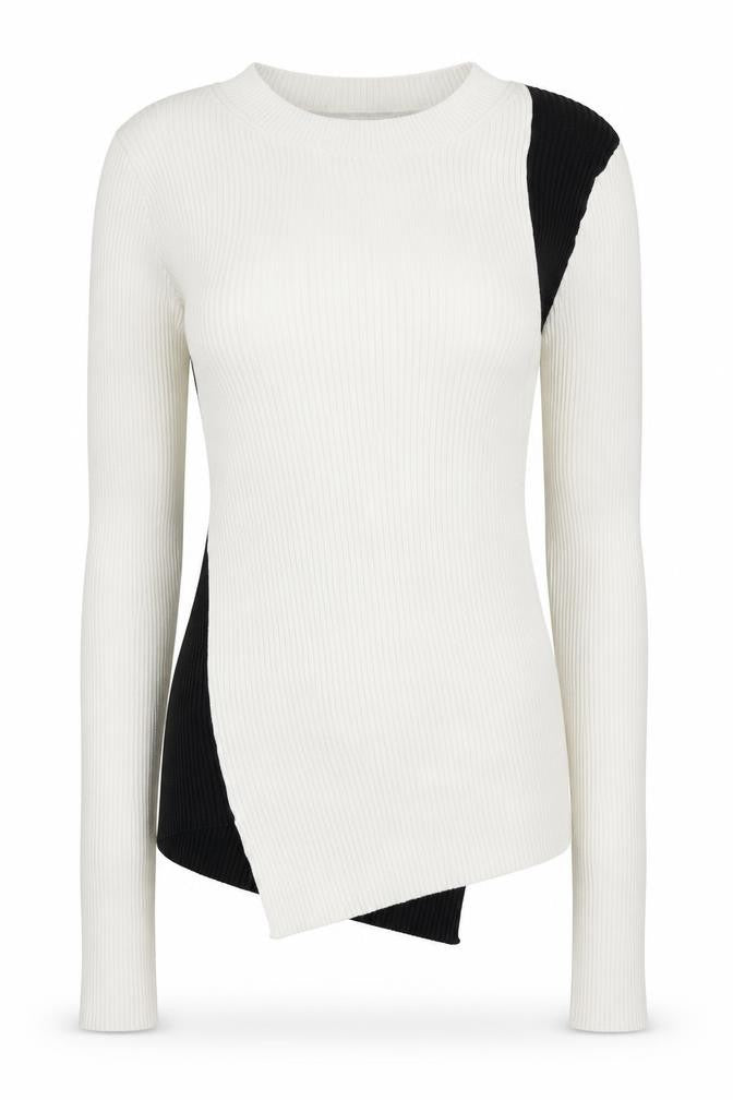 DKNY Womens Cream Black XS Ribbed Asymmetrical Knit Jumper