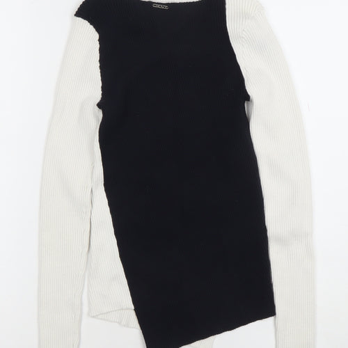 DKNY Womens Cream Black XS Ribbed Asymmetrical Knit Jumper