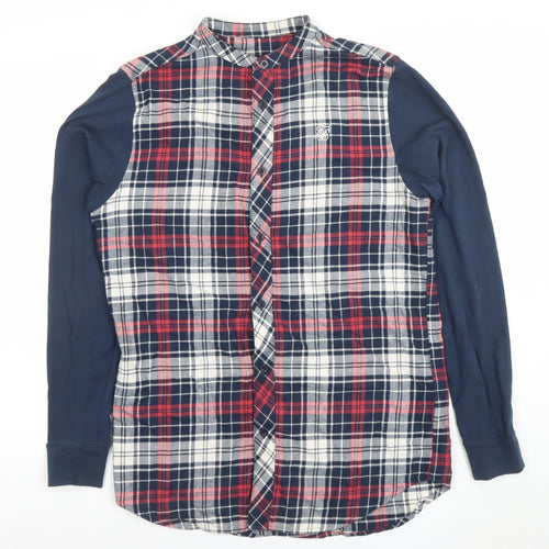 SikSilk Men's Red Navy Check Button-Up Shirt Size S Classic Cotton