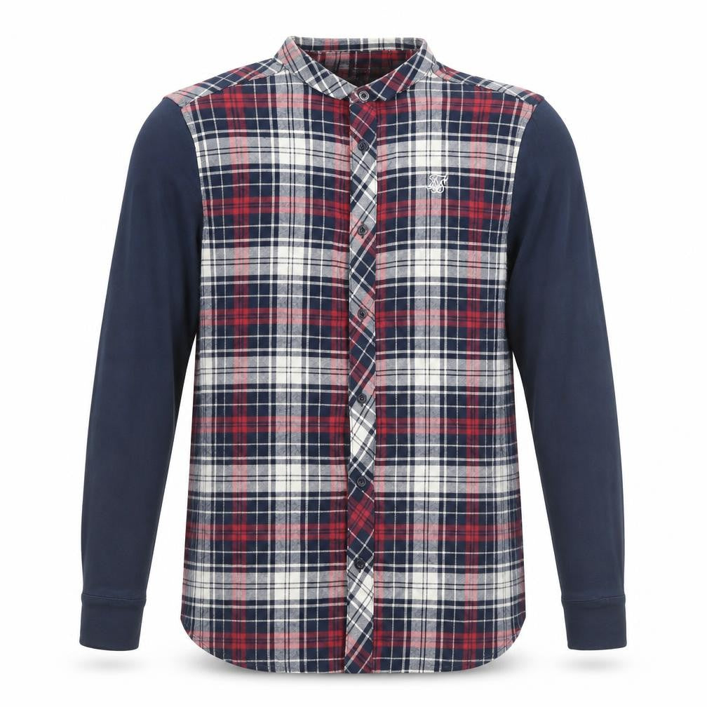 Front view of SikSilk Men's Red Navy Check Button-Up Shirt, size S, Classic Cotton