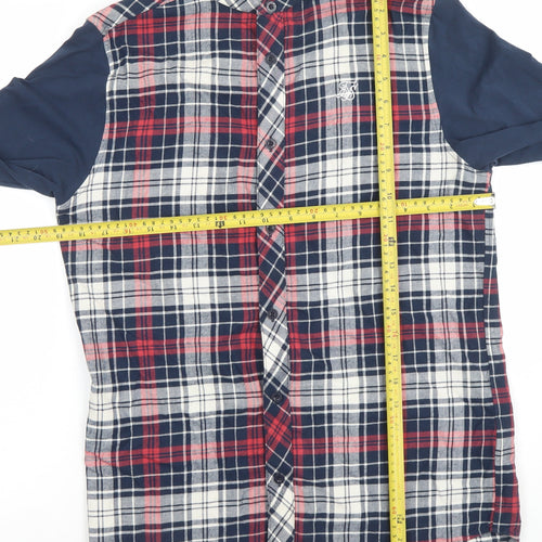 SikSilk Men's Red Navy Check Button-Up Shirt Size S Classic Cotton