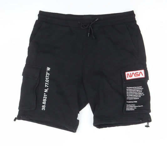 H&M Mens Black Cargo Shorts Relaxed Fit Reflective Medium