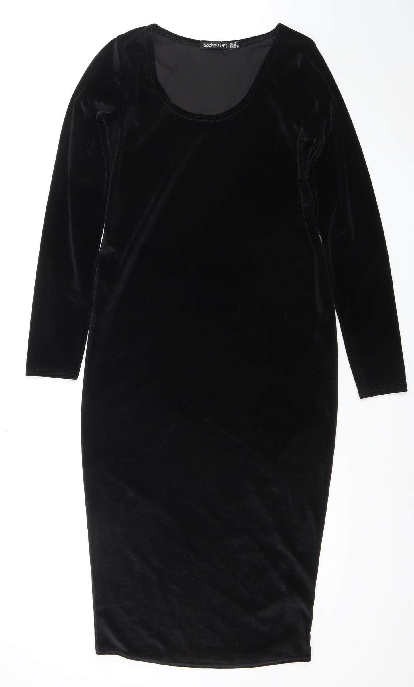 Boohoo Women’s Black Velvet Bodycon Dress UK 10 Long Sleeve Partywear