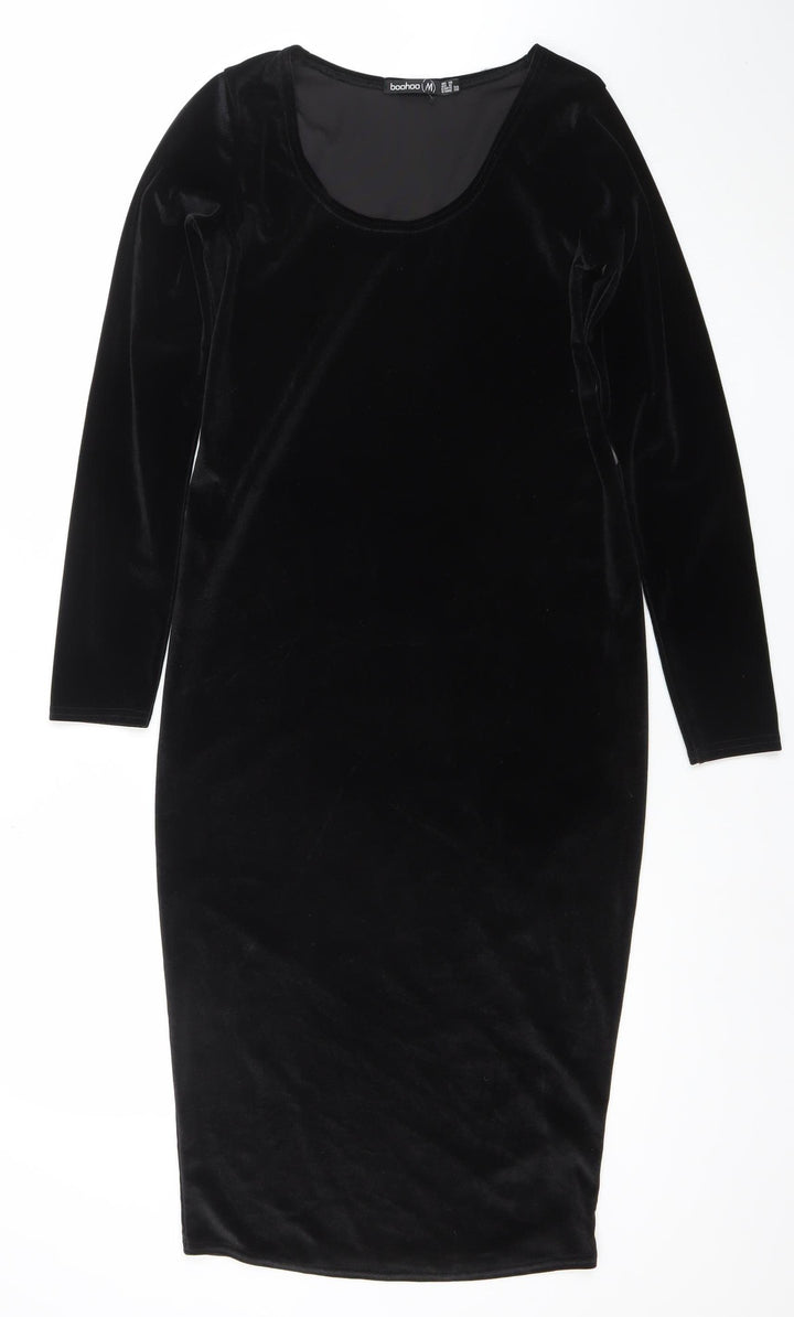 Boohoo Women’s Black Velvet Bodycon Dress UK 10 Long Sleeve Partywear