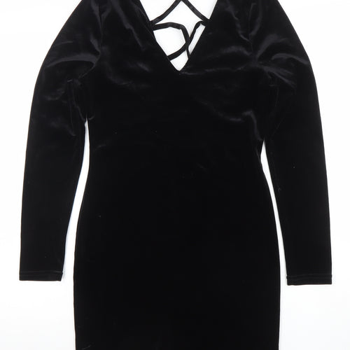 Primark Women Black Velvet Long Sleeve Bodycon Dress Size 10