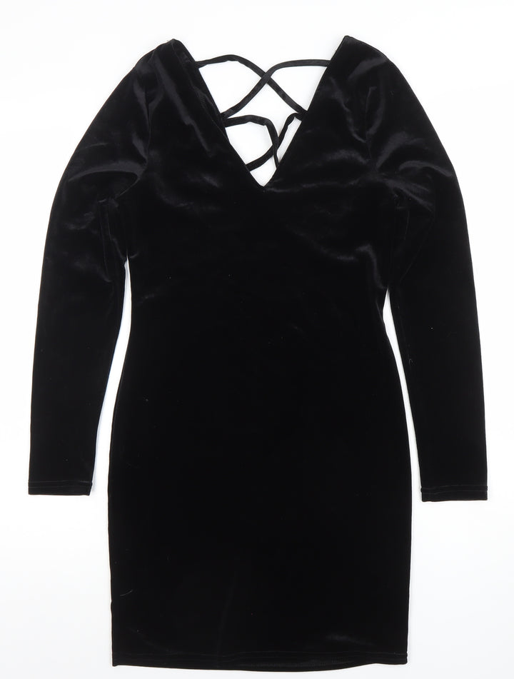 Primark Women Black Velvet Long Sleeve Bodycon Dress Size 10
