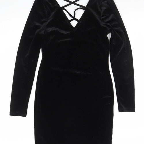 Primark Women Black Velvet Long Sleeve Bodycon Dress Size 10