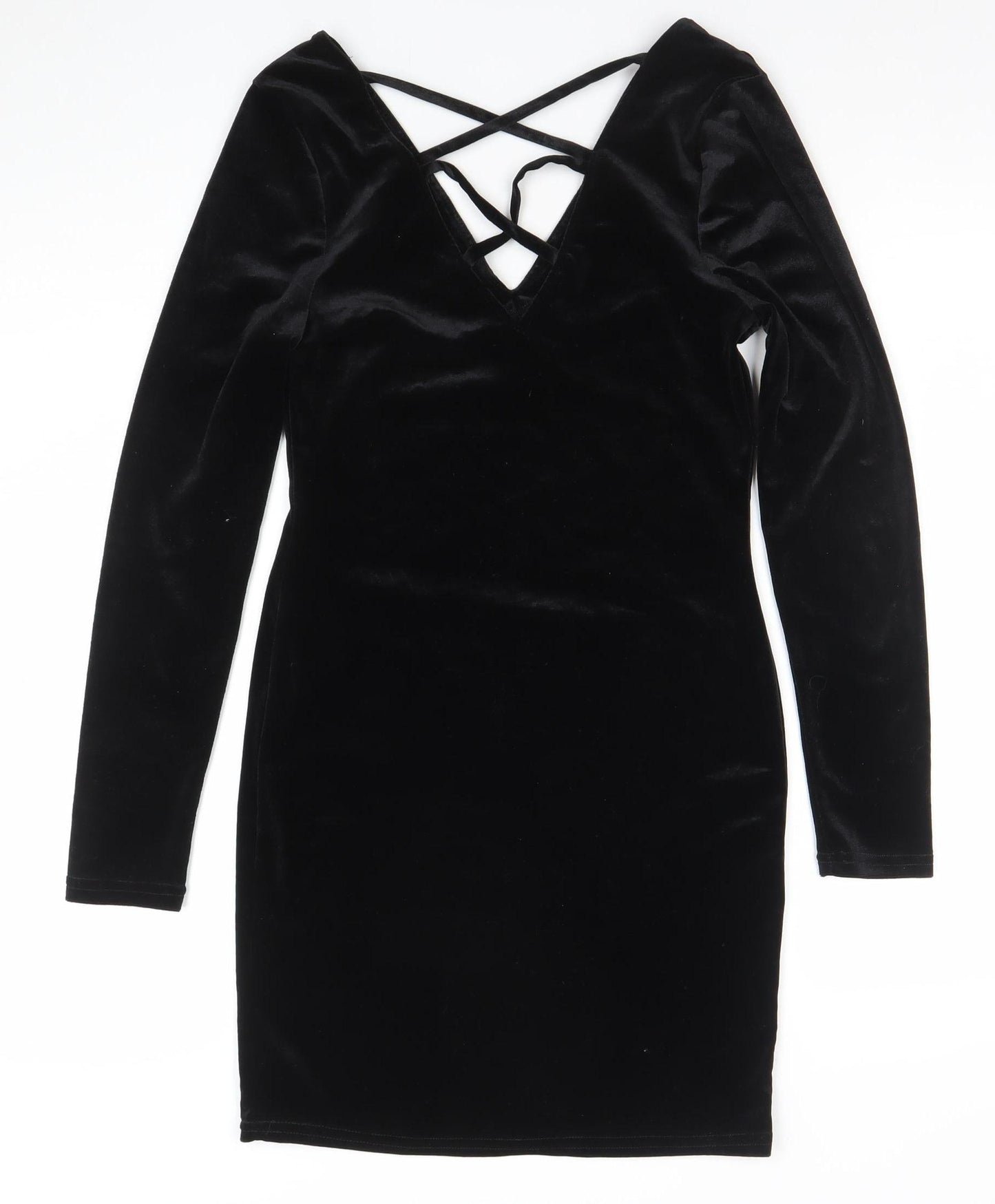 Primark Women Black Velvet Long Sleeve Bodycon Dress Size 10