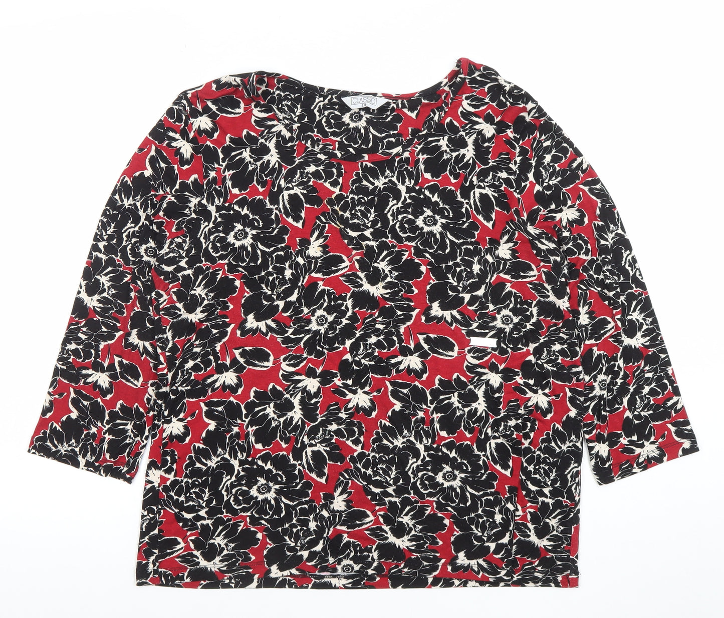 Classic Womens Red Floral 3/4 Sleeve Viscose Jersey Top Size 14