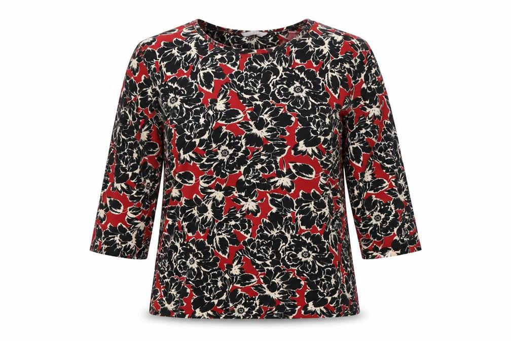 Classic Womens Red Floral 3/4 Sleeve Viscose Jersey Top Size 14